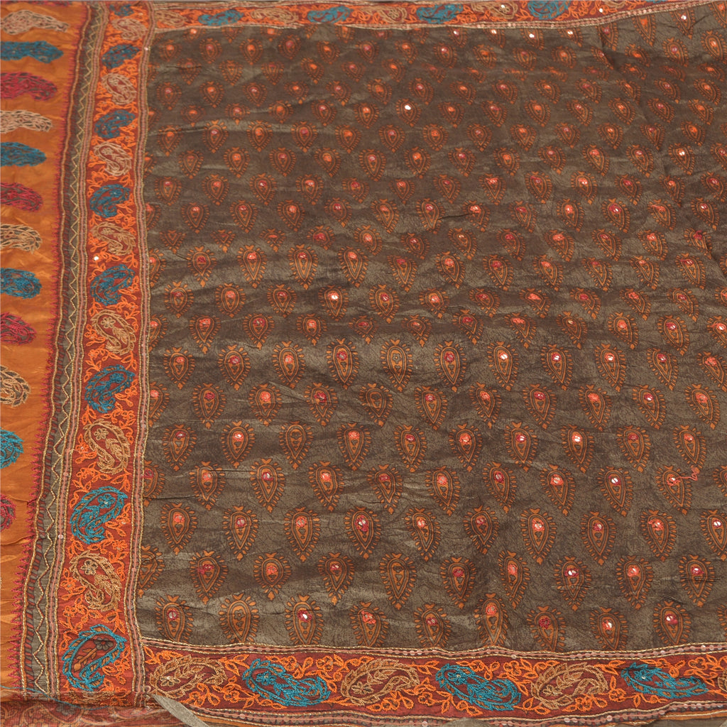 Sanskriti Vintage Grey Indian Sarees Pure Silk Hand Beaded Sari Craft Sustainable Fabric