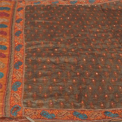 Sanskriti Vintage Grey Indian Sarees Pure Silk Hand Beaded Sari Craft Sustainable Fabric