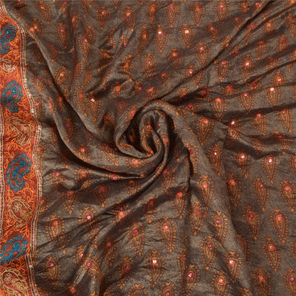 Sanskriti Vintage Grey Indian Sarees Pure Silk Hand Beaded Sari Craft Sustainable Fabric