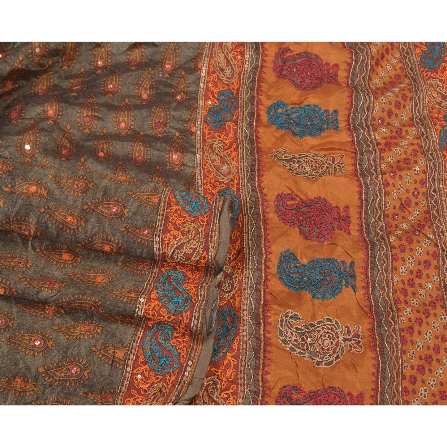 Sanskriti Vintage Grey Indian Sarees Pure Silk Hand Beaded Sari Craft Sustainable Fabric
