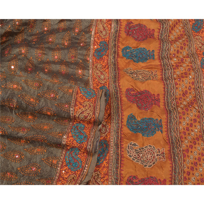 Sanskriti Vintage Grey Indian Sarees Pure Silk Hand Beaded Sari Craft Sustainable Fabric