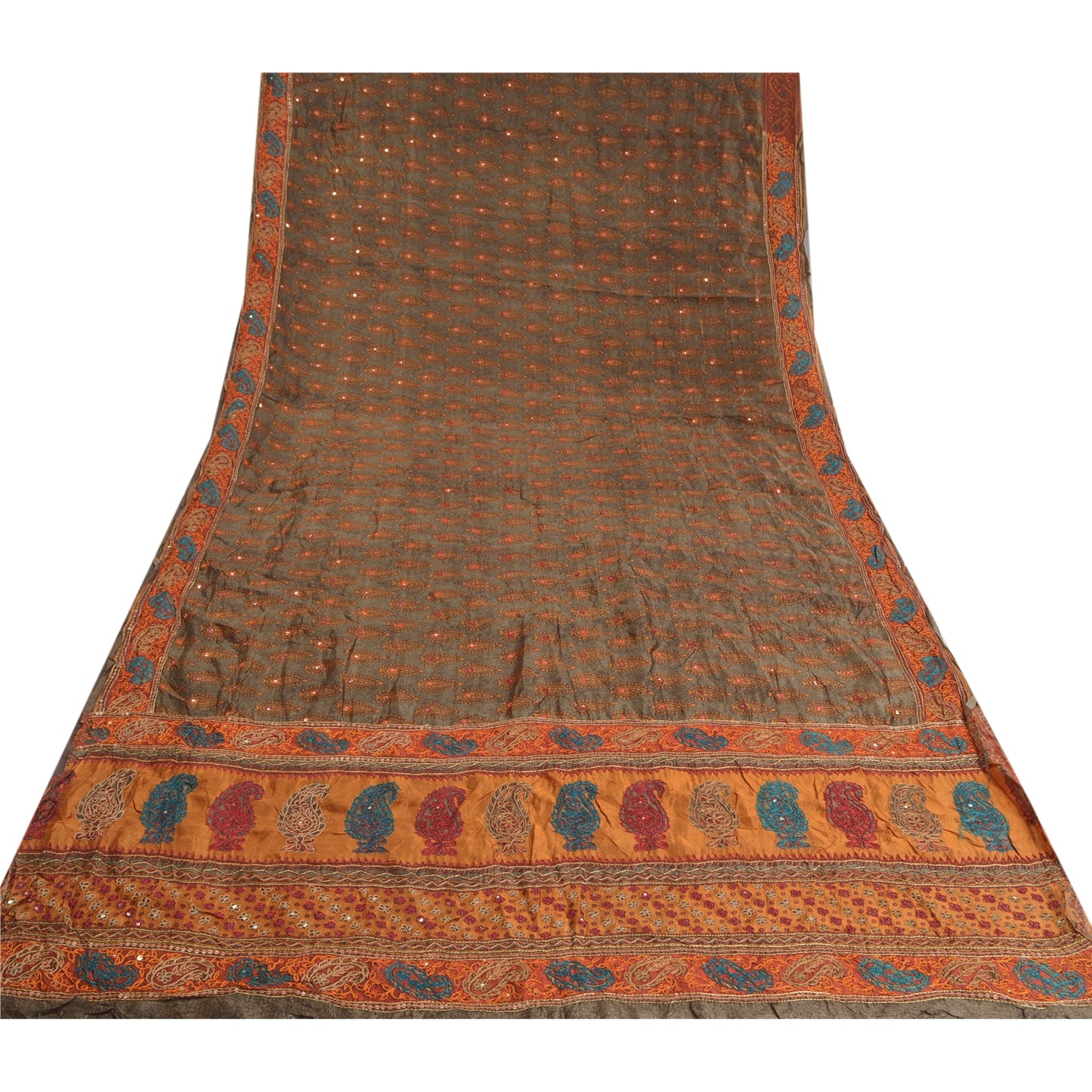 Sanskriti Vintage Grey Indian Sarees Pure Silk Hand Beaded Sari Craft Sustainable Fabric