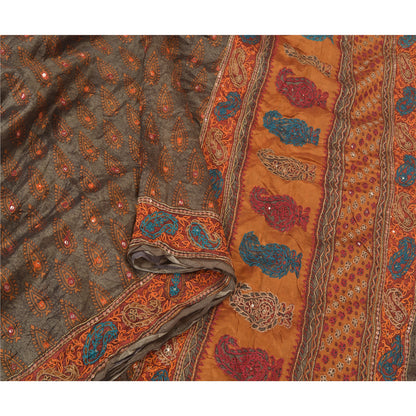Sanskriti Vintage Grey Indian Sarees Pure Silk Hand Beaded Sari Craft Sustainable Fabric