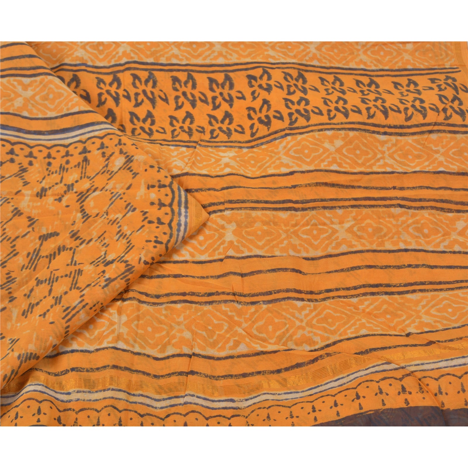 Sanskriti Vintage Saree 100% Pure Silk Saffron Saree Hand Block Printed Bollywood Sari 6yd Fabric Indian Craft Supplies Fabric Material