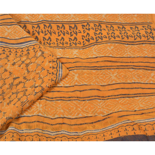 Sanskriti Vintage Saffron Sarees 100% Pure Silk Block Printed Sari Craft Sustainable Fabric