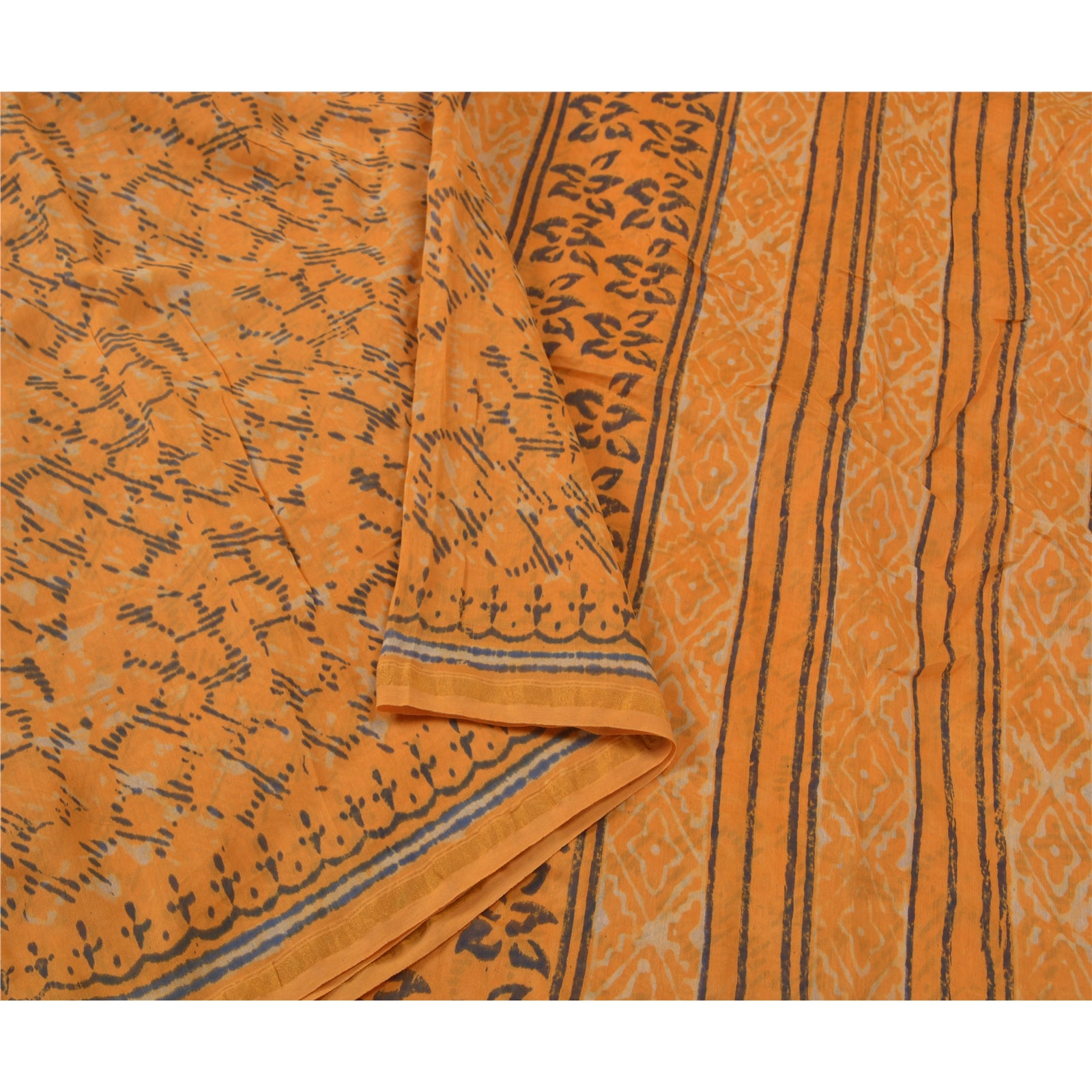 Sanskriti Vintage Saree 100% Pure Silk Saffron Saree Hand Block Printed Bollywood Sari 6yd Fabric Indian Craft Supplies Fabric Material