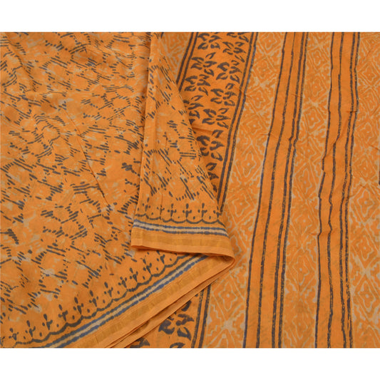 Sanskriti Vintage Saffron Sarees 100% Pure Silk Block Printed Sari Craft Sustainable Fabric