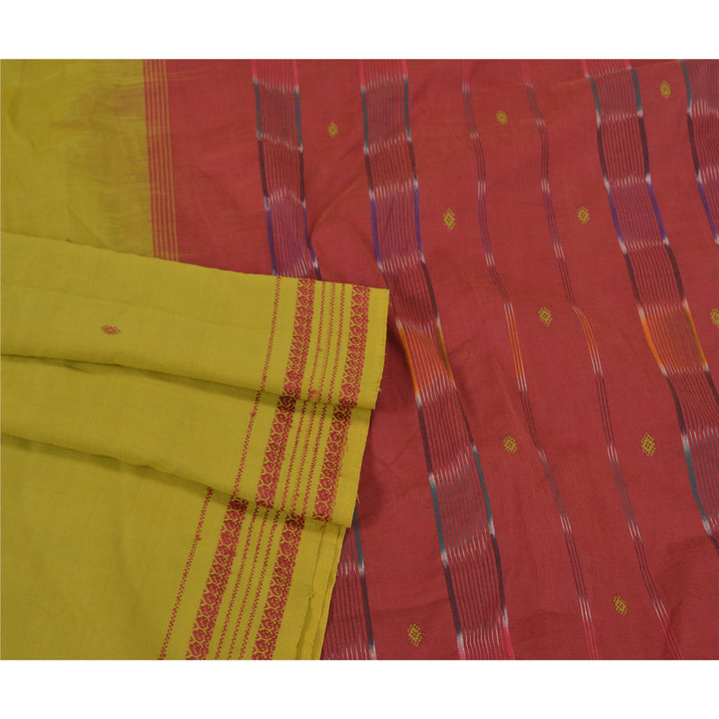 Sanskriti Vintage Sari 100% Pure Cotton Green Sarees Hand-Woven Ikat 5yd Craft Fabric Versatile Uses--Crafts Sewing Patchwork Home Decor