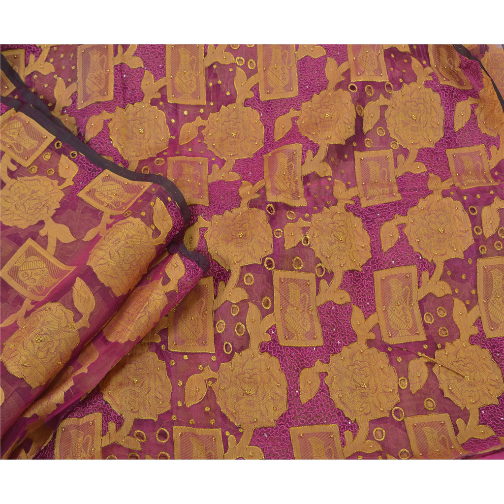Sanskriti Vintage Purple Sarees Pure Organza Silk Hand Beaded Woven Sari Sustainable Fabric
