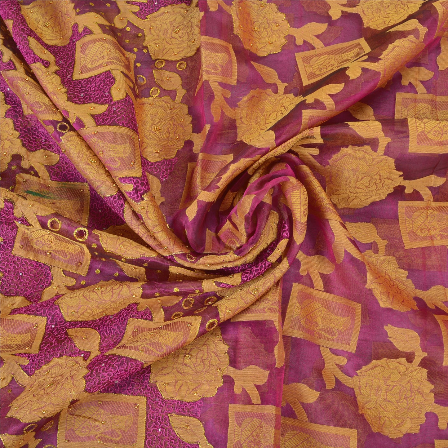 Sanskriti Vintage Purple Sarees Pure Organza Silk Hand Beaded Woven Sari Sustainable Fabric