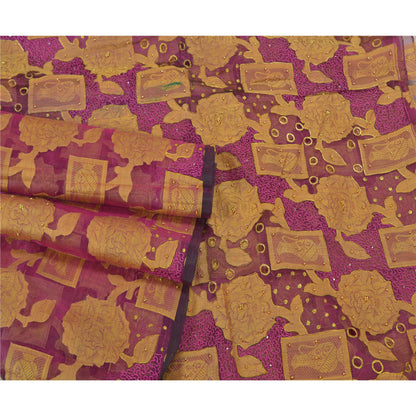 Sanskriti Vintage Purple Sarees Pure Organza Silk Hand Beaded Woven Sari Sustainable Fabric