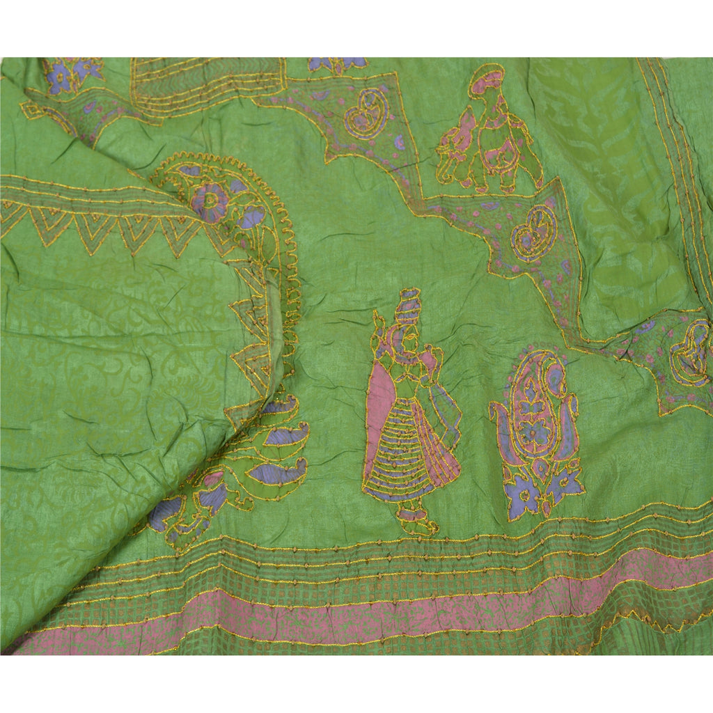 Sanskriti Vintage Green Sarees Pure Silk Hand Beaded Premium Sari Craft Sustainable Fabric