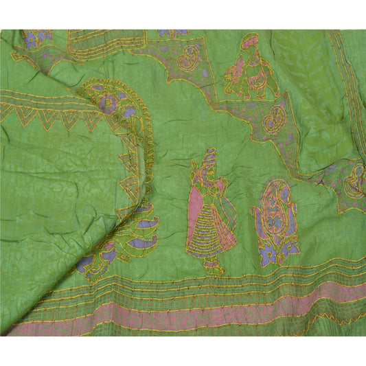Sanskriti Vintage Green Sarees Pure Silk Hand Beaded Premium Sari Craft Sustainable Fabric