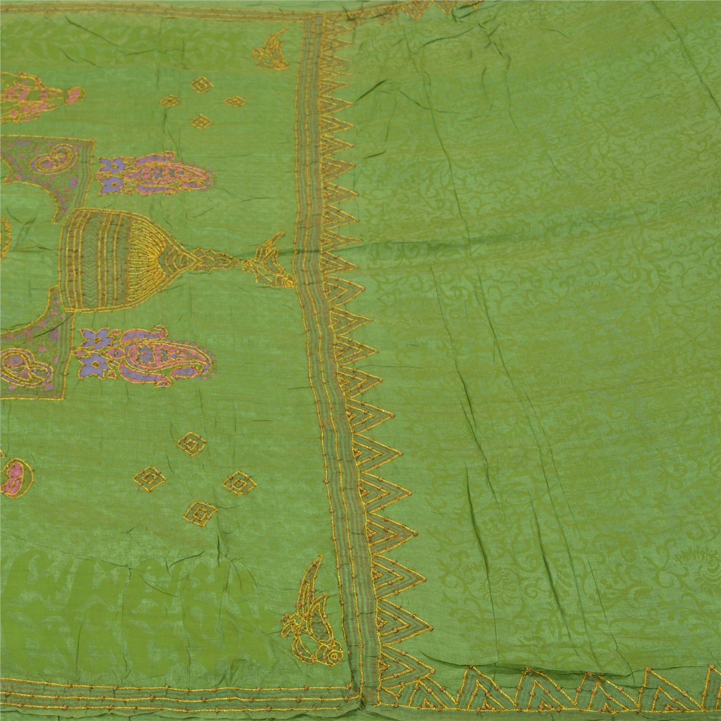 Sanskriti Vintage Green Sarees Pure Silk Hand Beaded Premium Sari Craft Sustainable Fabric