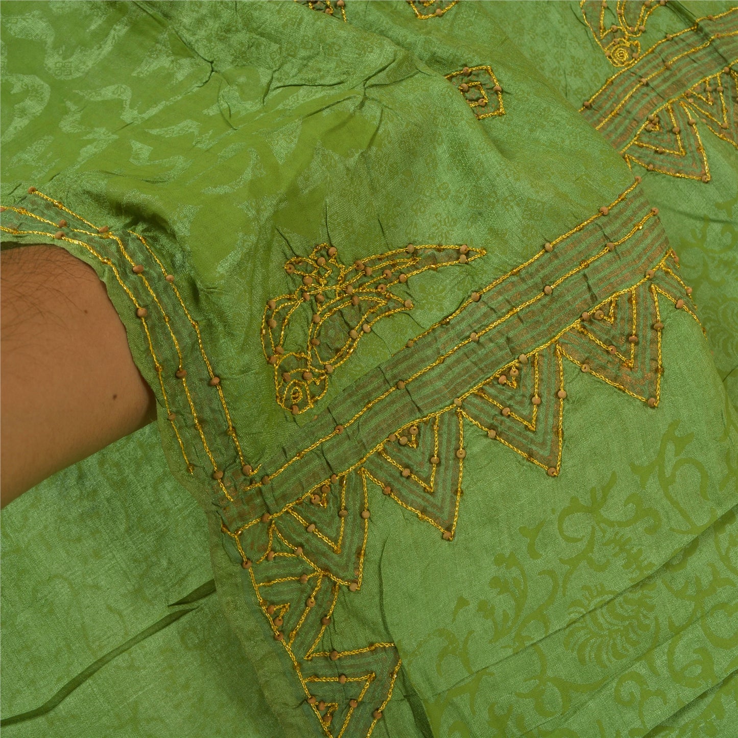 Sanskriti Vintage Green Sarees Pure Silk Hand Beaded Premium Sari Craft Sustainable Fabric