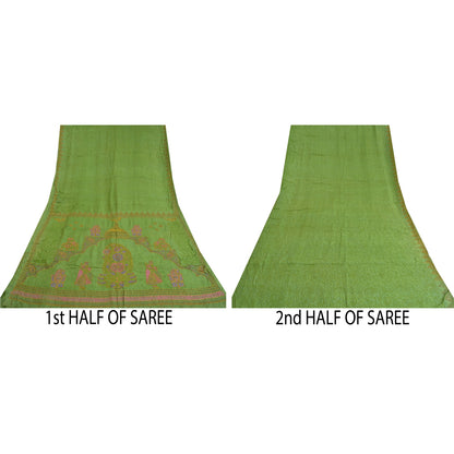 Sanskriti Vintage Green Sarees Pure Silk Hand Beaded Premium Sari Craft Sustainable Fabric