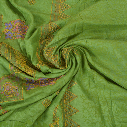 Sanskriti Vintage Green Sarees Pure Silk Hand Beaded Premium Sari Craft Sustainable Fabric