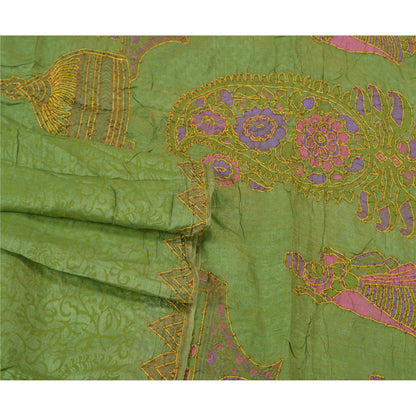 Sanskriti Vintage Green Sarees Pure Silk Hand Beaded Premium Sari Craft Sustainable Fabric