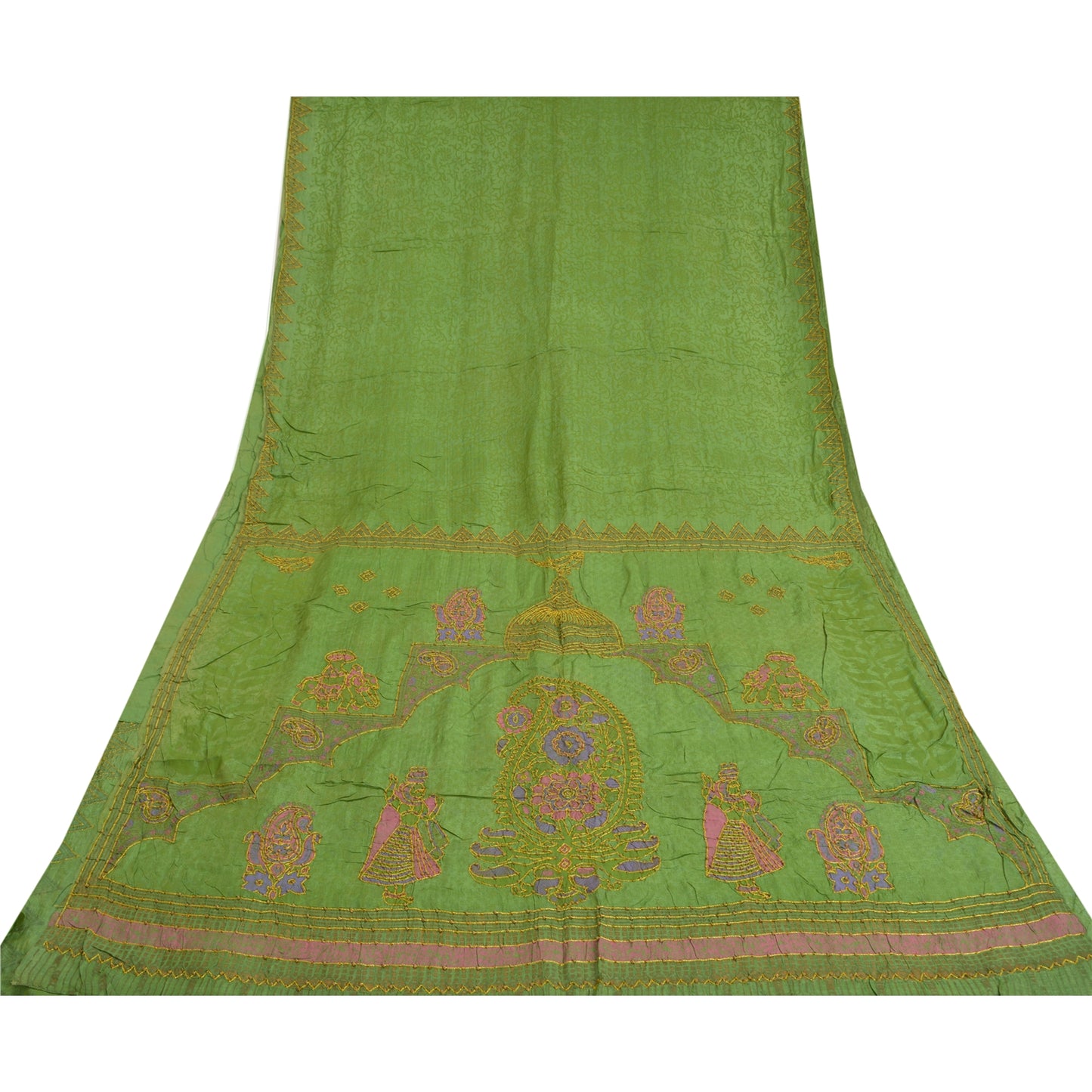 Sanskriti Vintage Green Sarees Pure Silk Hand Beaded Premium Sari Craft Sustainable Fabric