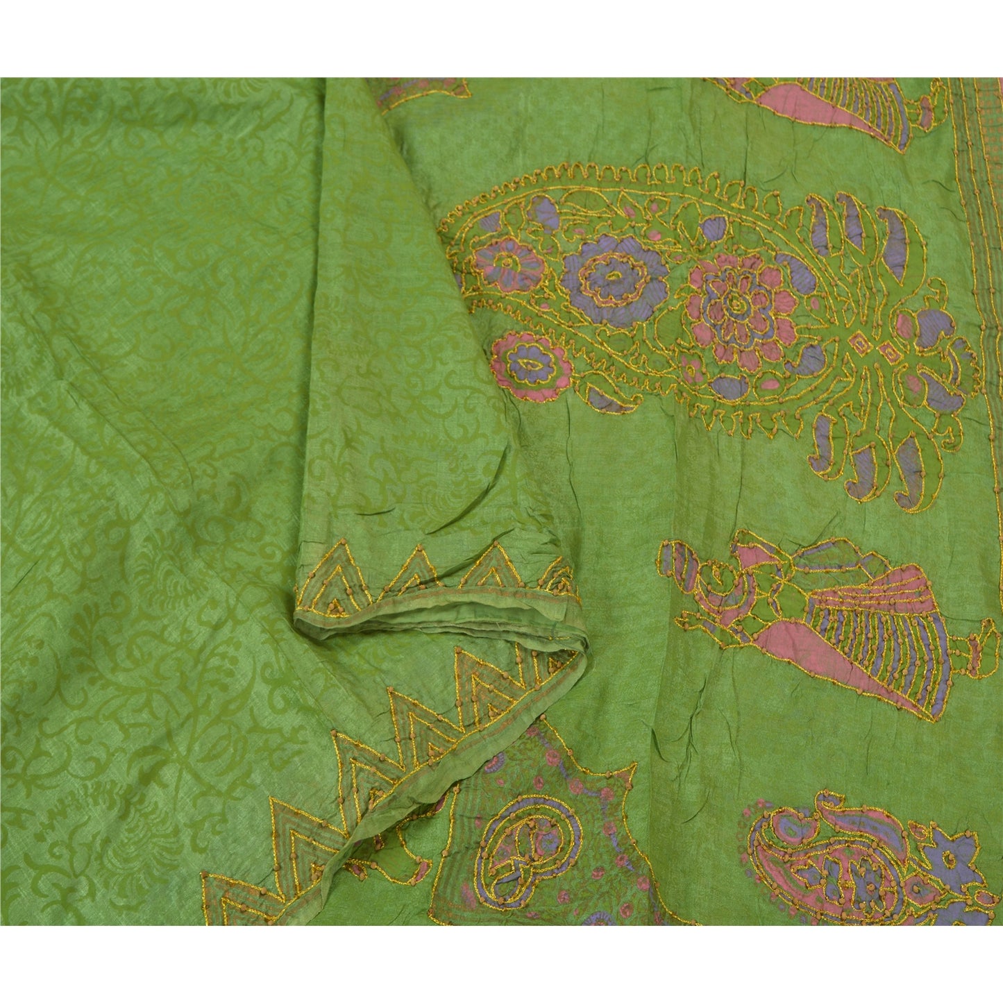Sanskriti Vintage Green Sarees Pure Silk Hand Beaded Premium Sari Craft Sustainable Fabric