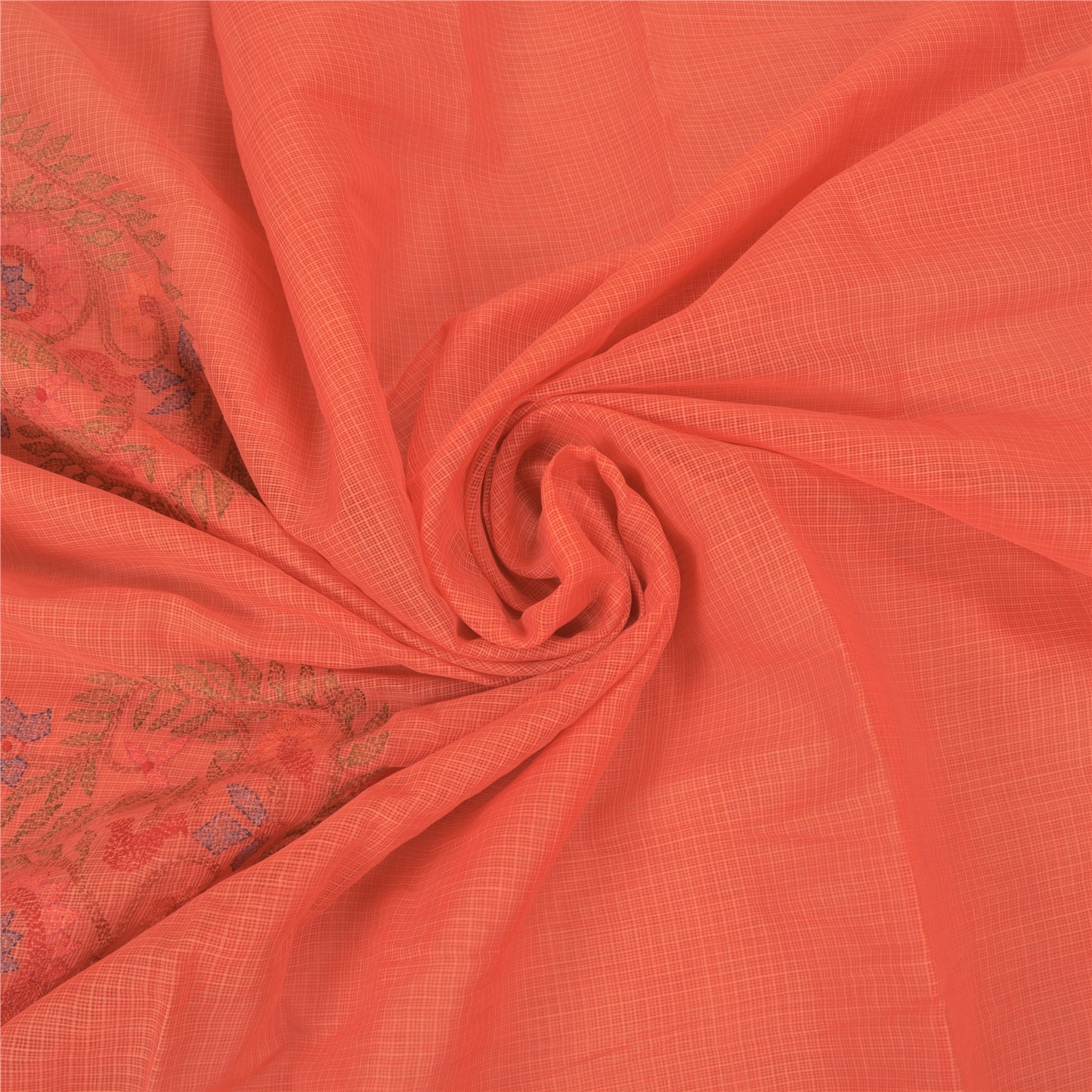 Sanskriti Vintage Peach Sarees Pure Cotton Printed Woven Kota Doria Sari Sustainable Fabric