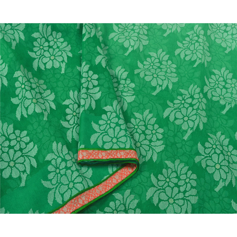 Sanskriti Vintage Green Net Sari: Woven Floral Indian Saree Fabric Add-Elegance to Table Linen, Curtains, or Cushions, For DIY Projects