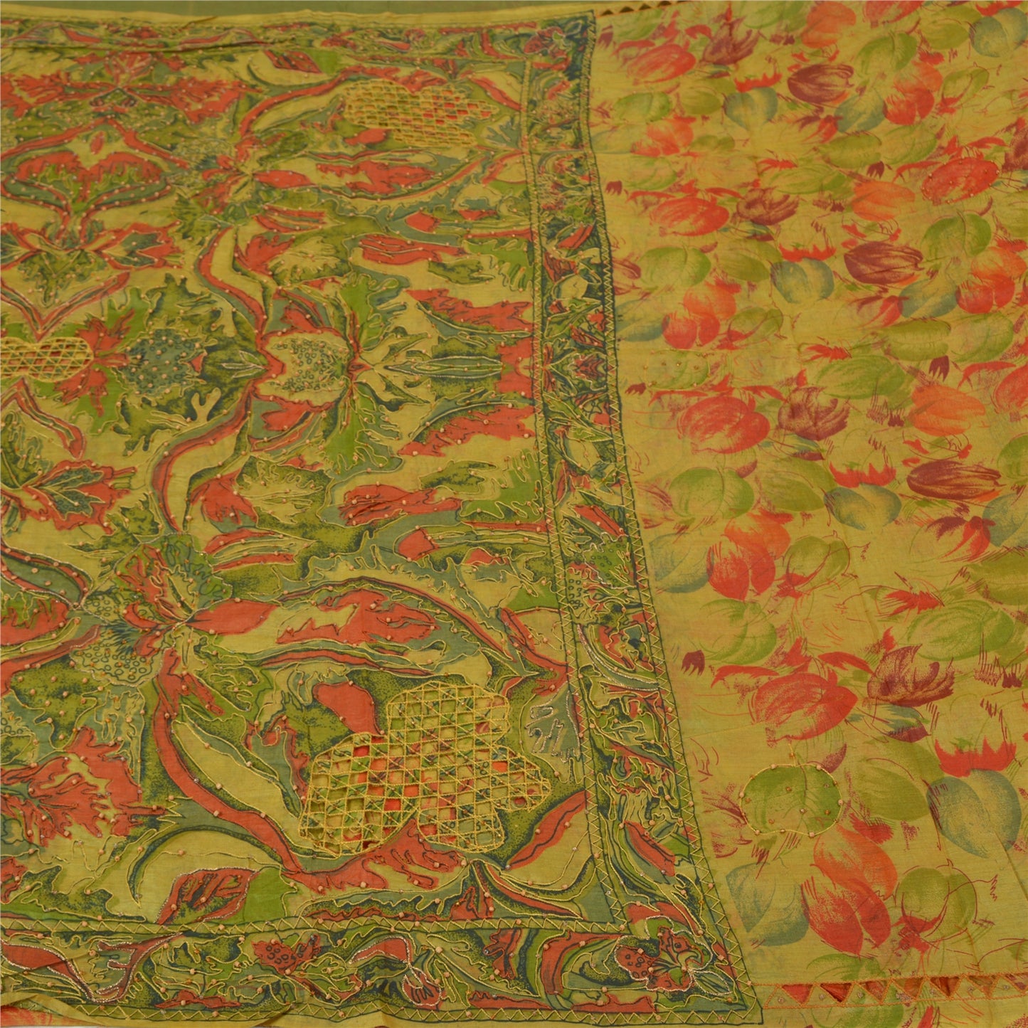 Sanskriti Vintage Green Sarees 100% Pure Silk Hand Beaded Sari Craft Sustainable Fabric