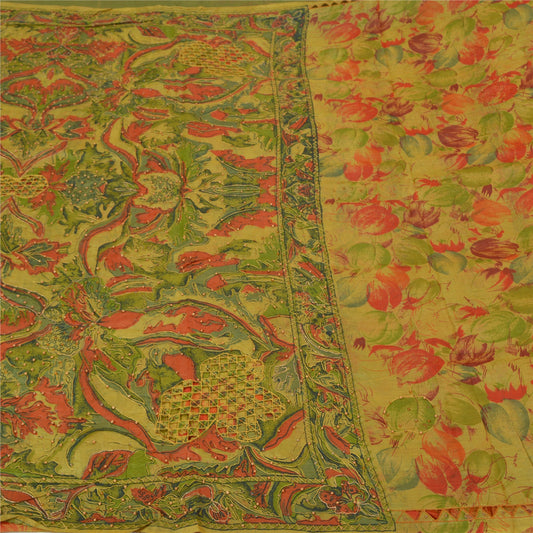 Sanskriti Vintage Grønne Sareer 100% Ren Silke Håndperlet Sari Håndværk Bæredygtigt Stoff