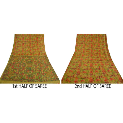 Sanskriti Vintage Green Sarees 100% Pure Silk Hand Beaded Sari Craft Sustainable Fabric