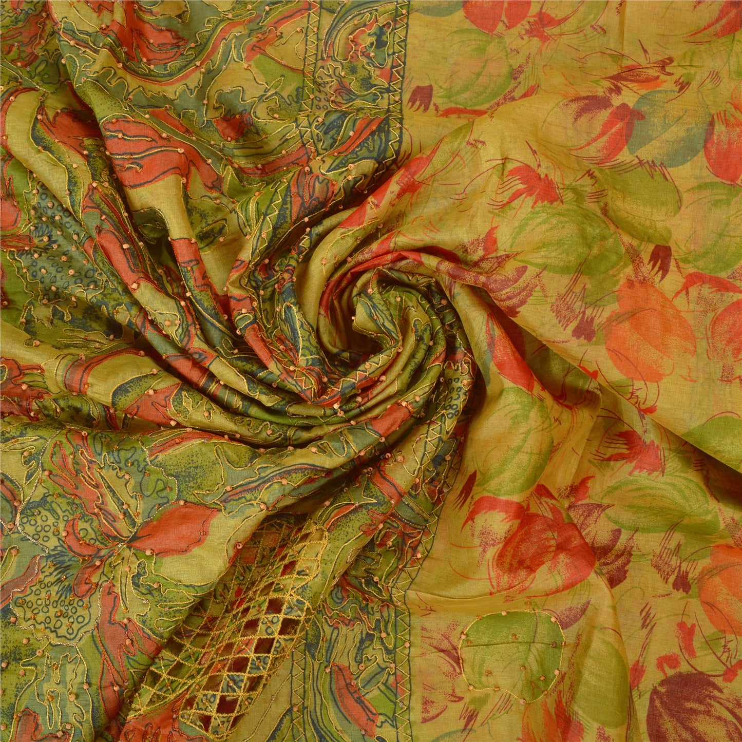 Sanskriti Vintage Green Sarees 100% Pure Silk Hand Beaded Sari Craft Sustainable Fabric