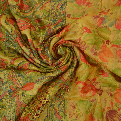 Sanskriti Vintage Green Sarees 100% Pure Silk Hand Beaded Sari Craft Sustainable Fabric