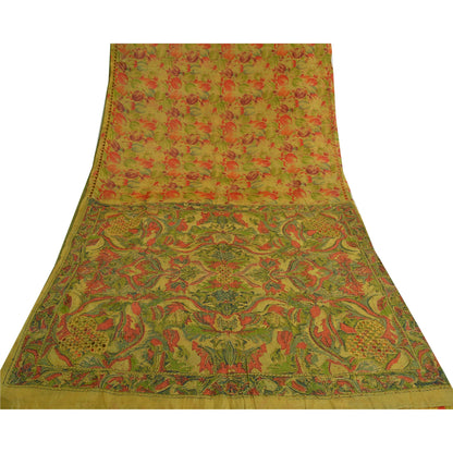 Sanskriti Vintage Green Sarees 100% Pure Silk Hand Beaded Sari Craft Sustainable Fabric