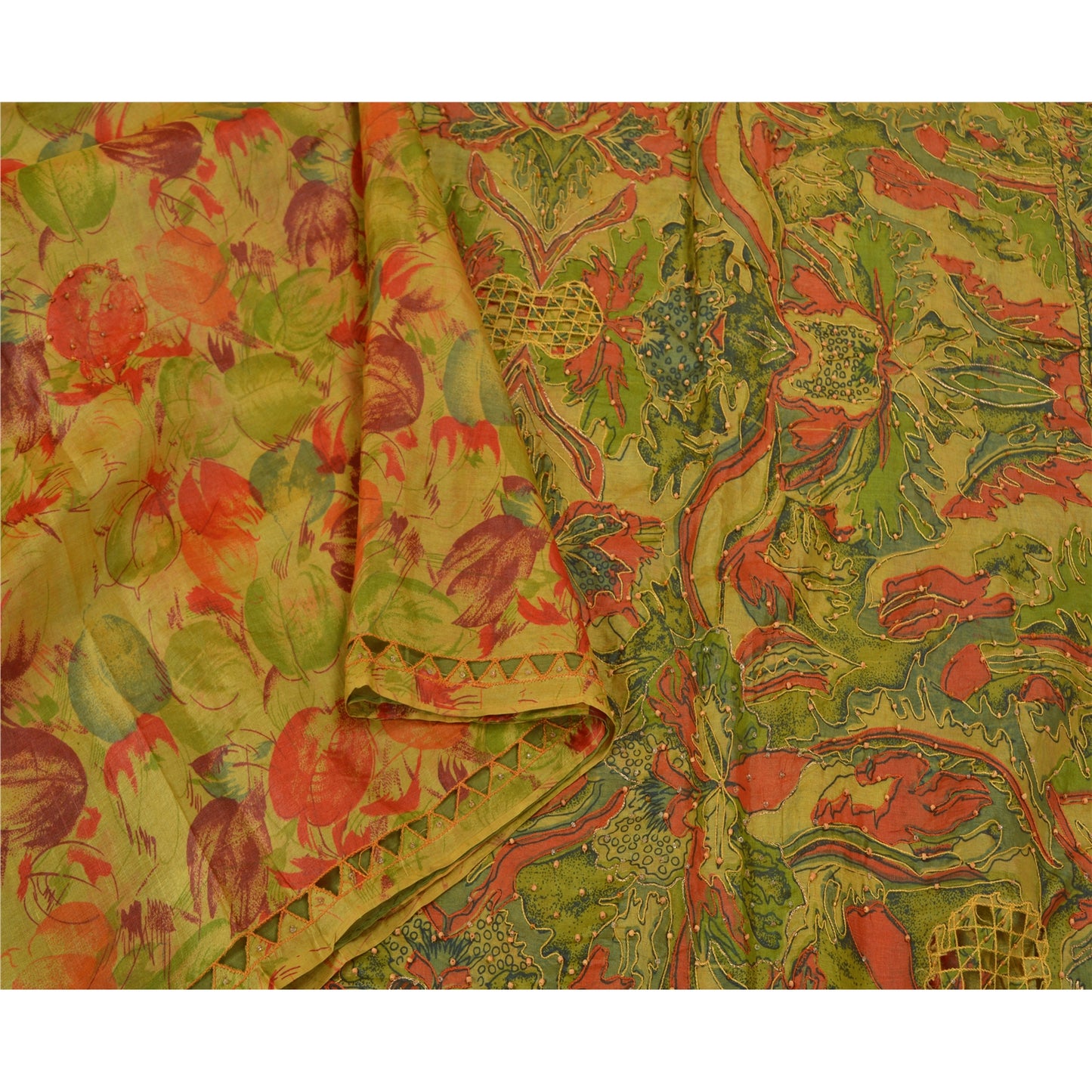 Sanskriti Vintage Green Sarees 100% Pure Silk Hand Beaded Sari Craft Sustainable Fabric