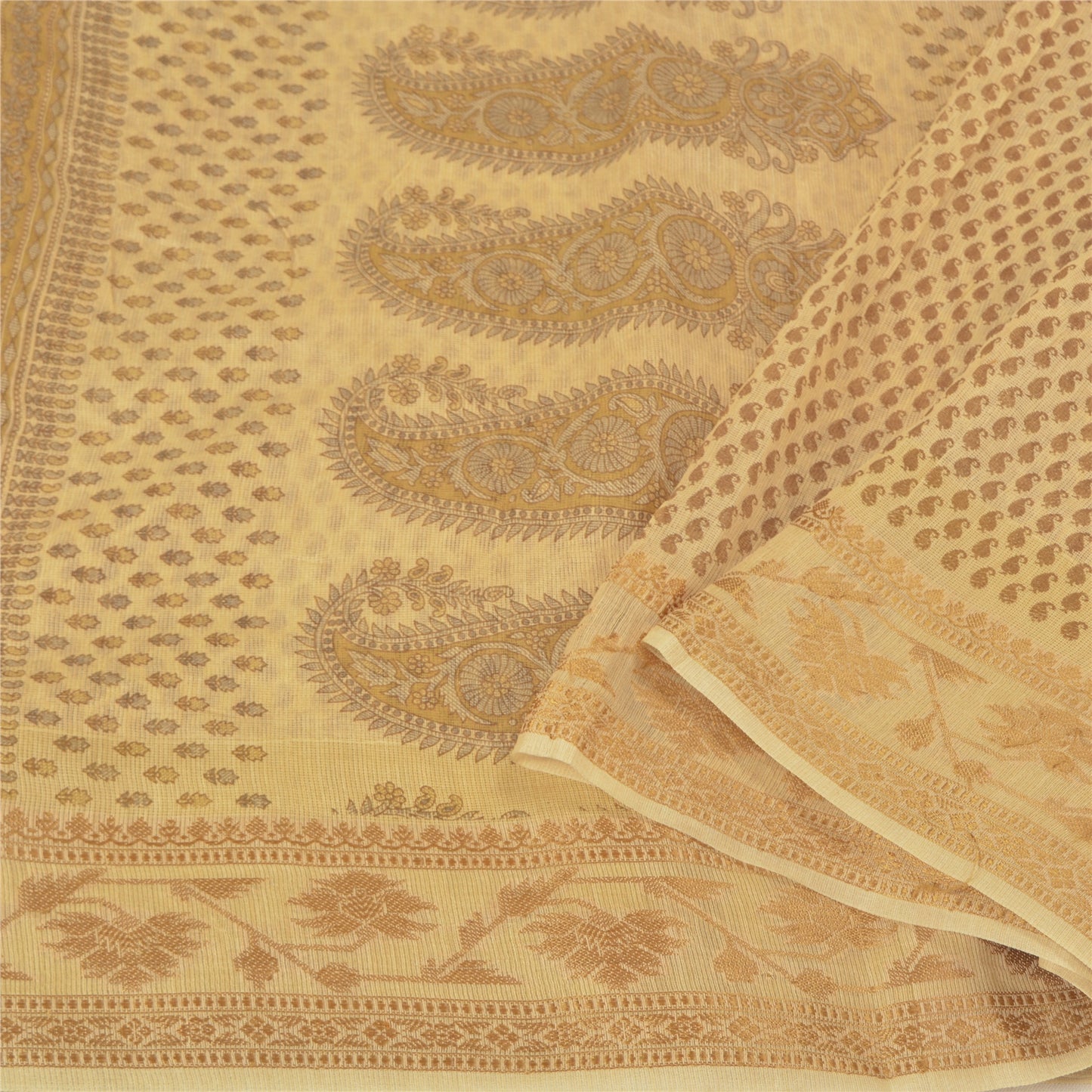 Sanskriti Vintage Elfenbensfarvet Sarees Bomuld Silke Trykt Vævet Kota Sari Håndværk Bæredygtigt Stof