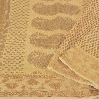 Sanskriti Vintage Elfenbensfarvet Sarees Bomuld Silke Trykt Vævet Kota Sari Håndværk Bæredygtigt Stof