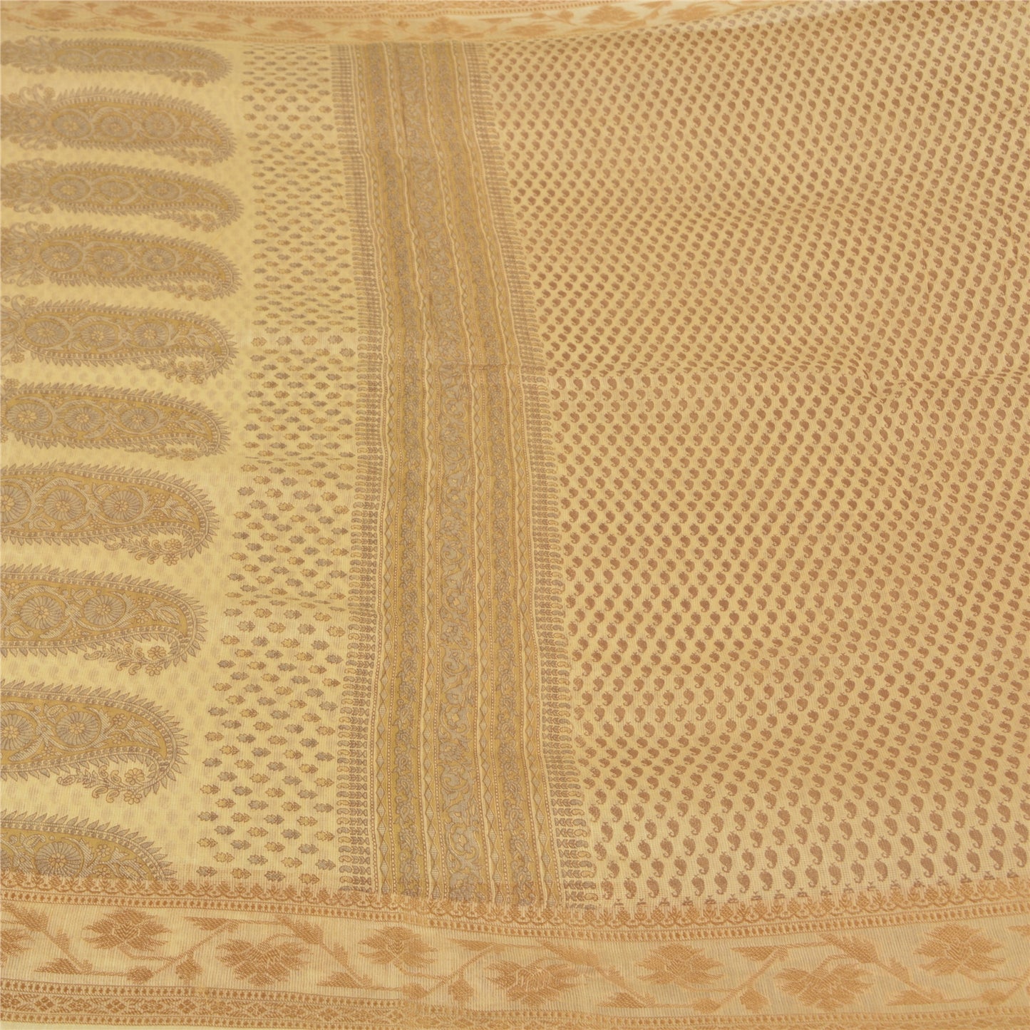 Sanskriti Vintage Elfenbensfarvet Sarees Bomuld Silke Trykt Vævet Kota Sari Håndværk Bæredygtigt Stof