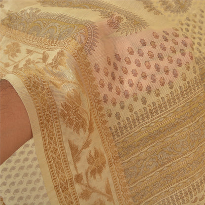 Sanskriti Vintage Elfenbensfarvet Sarees Bomuld Silke Trykt Vævet Kota Sari Håndværk Bæredygtigt Stof