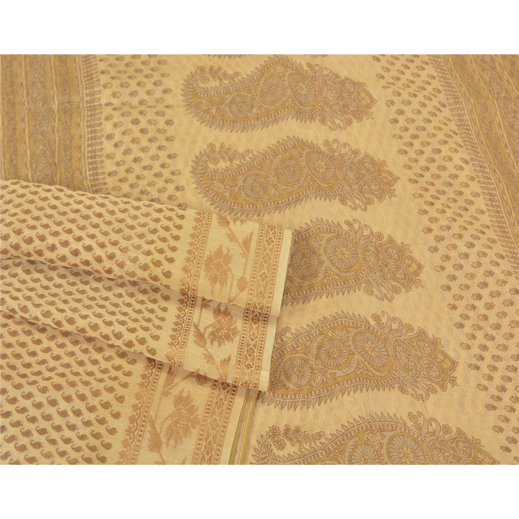 Sanskriti Vintage Elfenbensfarvet Sarees Bomuld Silke Trykt Vævet Kota Sari Håndværk Bæredygtigt Stof