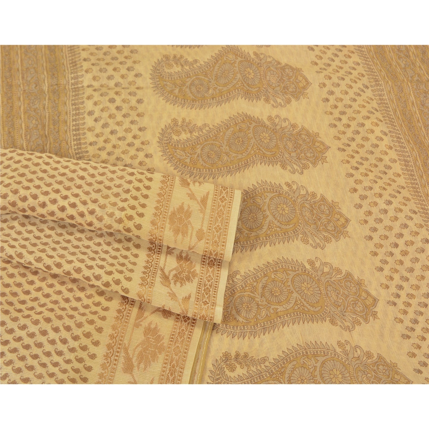 Sanskriti Vintage Elfenbensfarvet Sarees Bomuld Silke Trykt Vævet Kota Sari Håndværk Bæredygtigt Stof