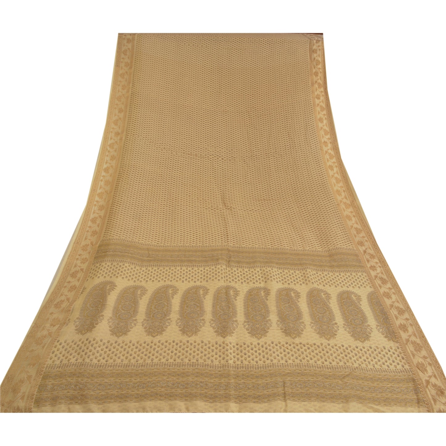 Sanskriti Vintage Elfenbensfarvet Sarees Bomuld Silke Trykt Vævet Kota Sari Håndværk Bæredygtigt Stof