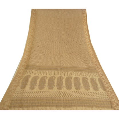 Sanskriti Vintage Elfenbensfarvet Sarees Bomuld Silke Trykt Vævet Kota Sari Håndværk Bæredygtigt Stof