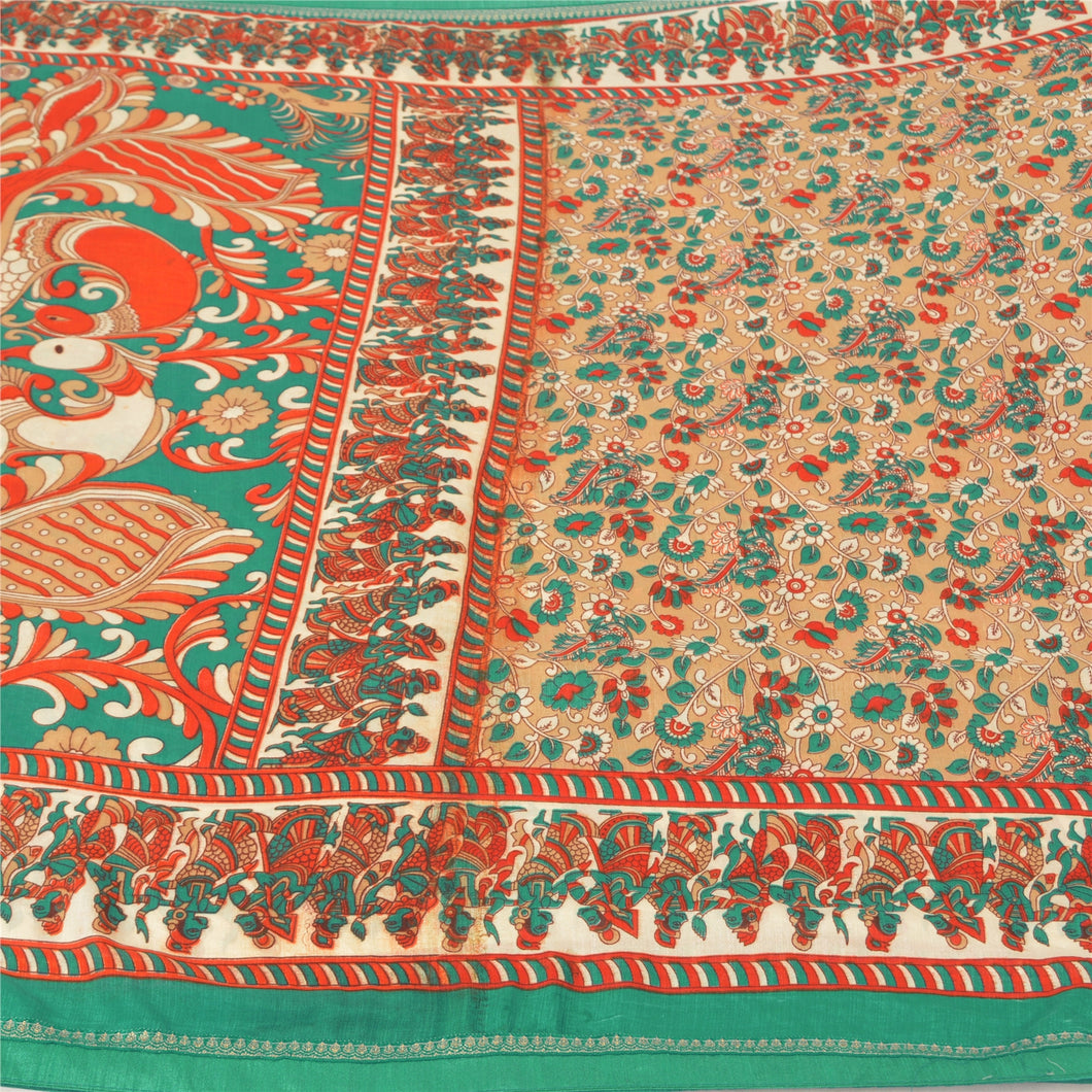 Sanskriti Vintage Beige Sarees Cotton Handmade Kalamkari Sari Craft Fabric