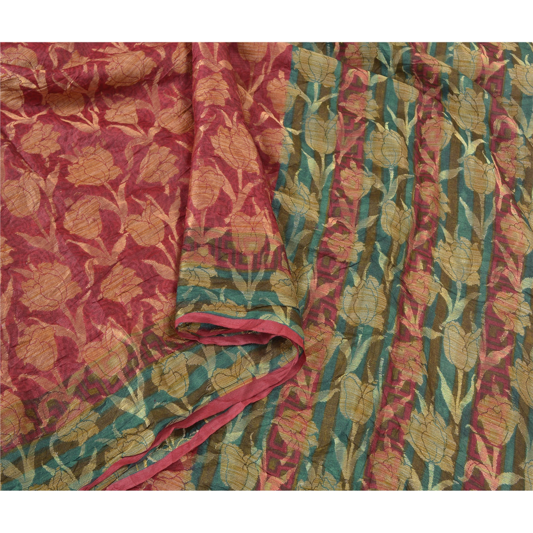 Sanskriti Vintage Dark Red Indian Sarees 100% Pure Silk Woven Sari Craft Fabric