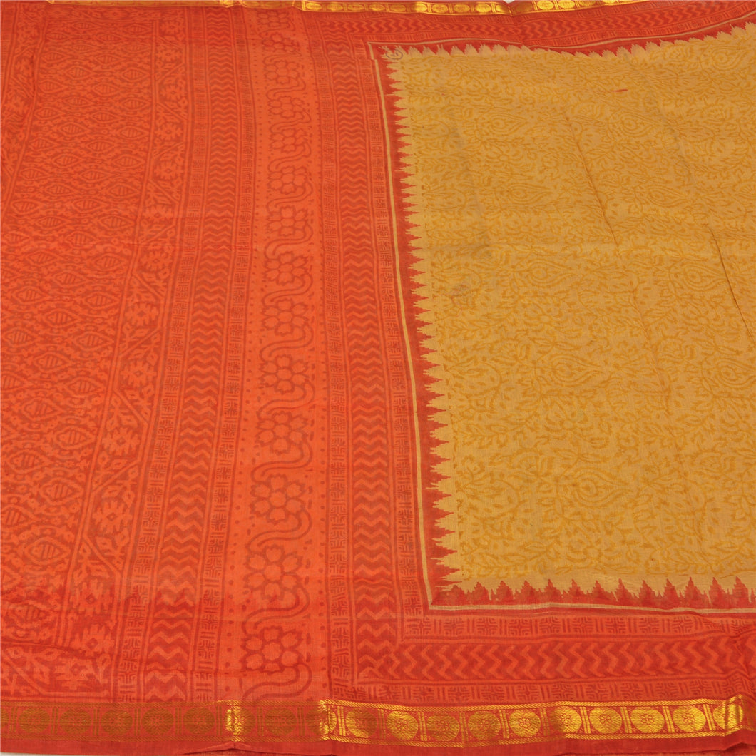 Sanskriti Vintage Orange Indian Sarees Cotton Silk Block Printed Sari Fabric