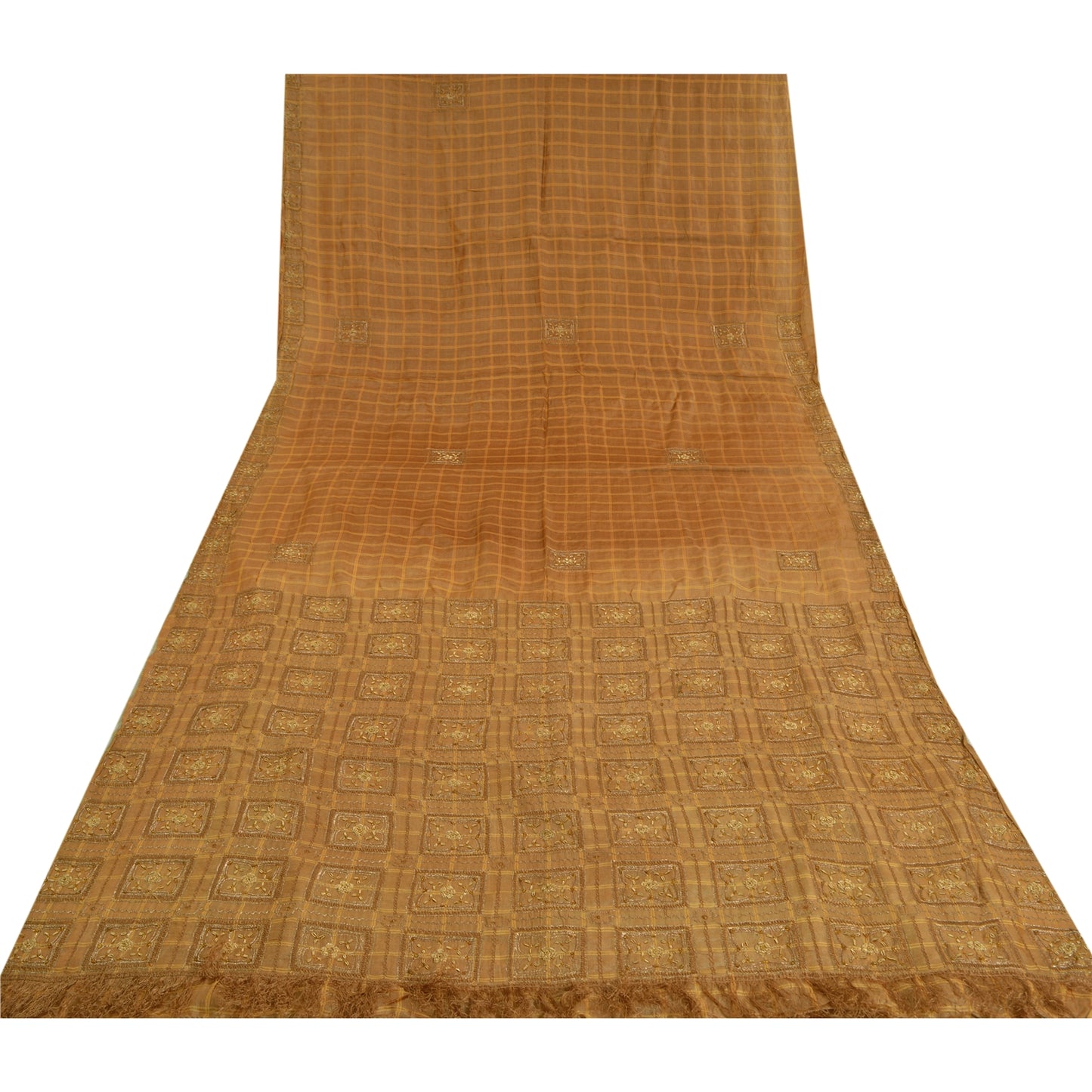 Sanskriti Vintage Brown Sarees Pure Silk Hand Beaded Woven Premium Sari Sustainable Fabric