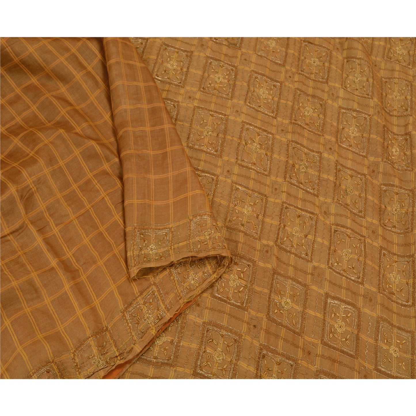 Sanskriti Vintage Brown Sarees Pure Silk Hand Beaded Woven Premium Sari Sustainable Fabric