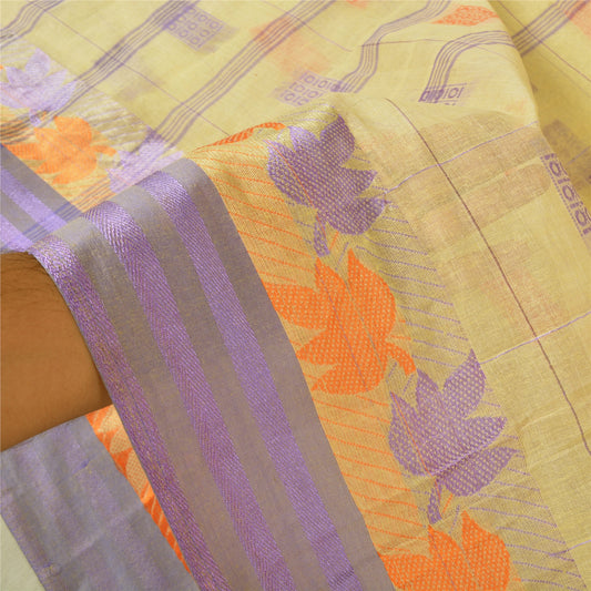 Sanskriti Vintage Cream Sarees 100% Pure Cotton Hand-Woven Premium Sari Sustainable Fabric