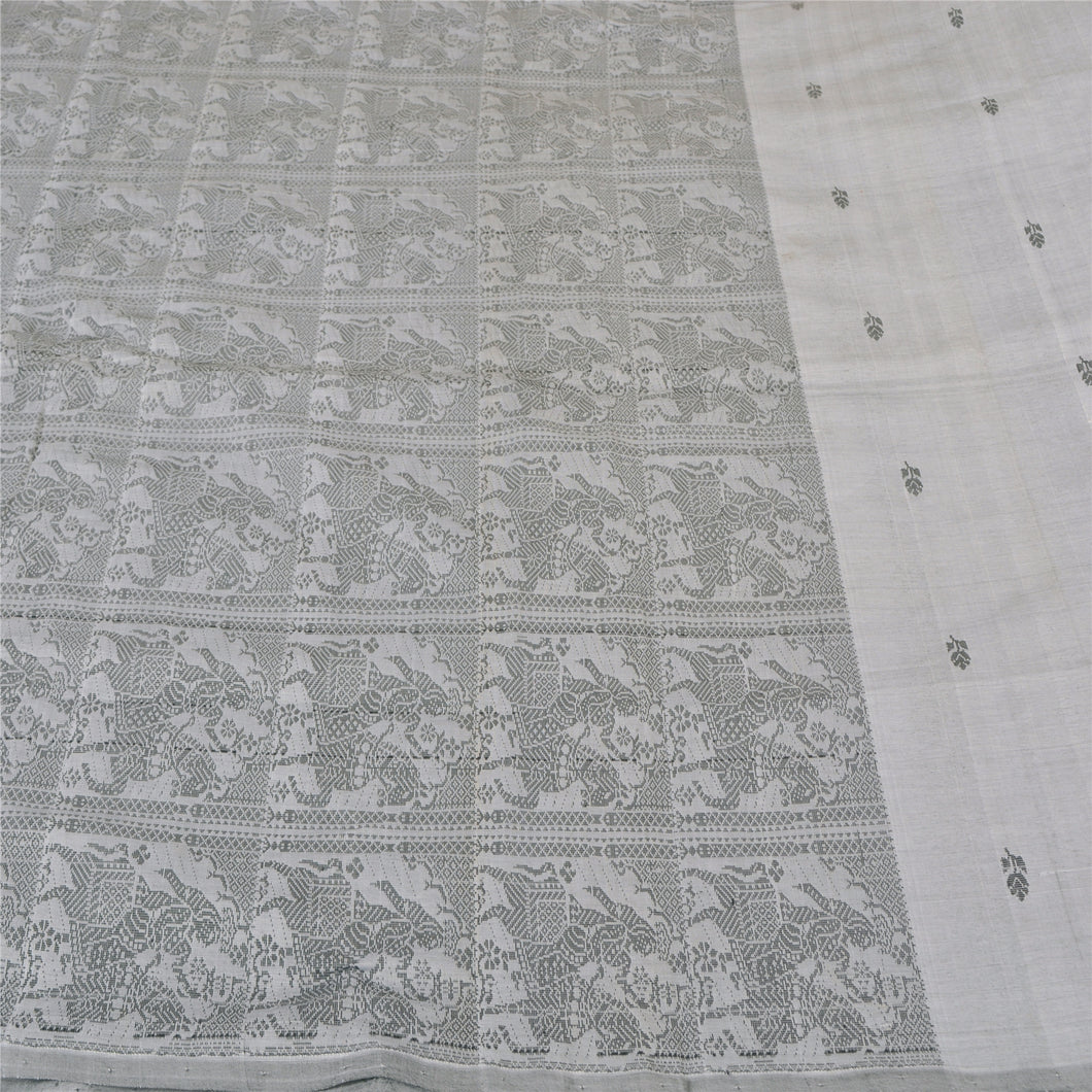 Sanskriti Vintage Grey Sarees Blend Silk Woven Baluchari Premium Sari Fabric