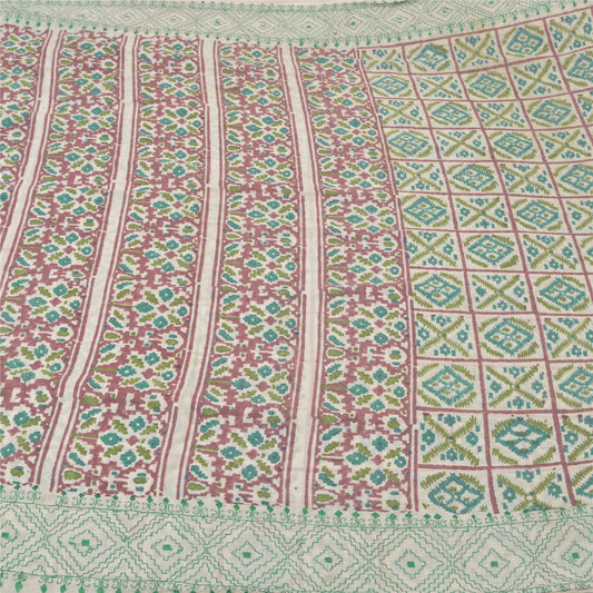 Sanskriti Vintage Ivory Sarees Cotton Hand Embroidered Block Printed Sari Sustainable Fabric