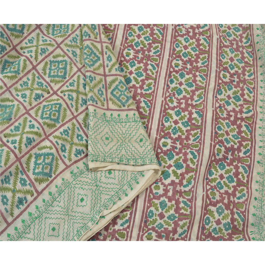 Sanskriti Vintage Ivory Sarees Cotton Hand Embroidered Block Printed Sari Sustainable Fabric